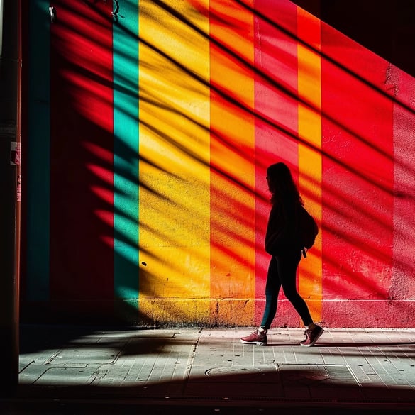 Peter Pickering's rendition of a girl walking down a sidewalk past a rainbow coloured striped wall