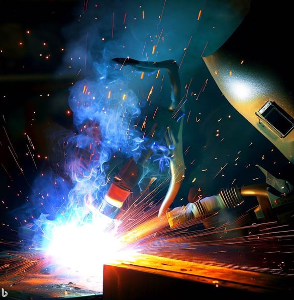 a person welding a piece of metal with a welding headlight