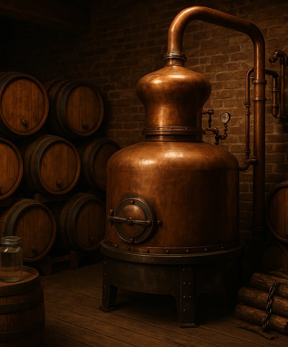 a copper potted still in the process of being used as a whiskey disti