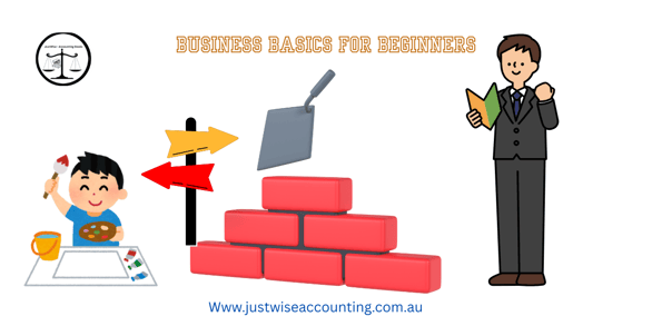 Business basics for beginners: cartoon man painting, blocks, and a suited man.