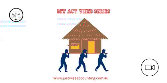 Three men carry a house on poles, GST Act video series.