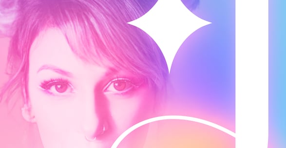 Rosto feminino com brilho e linhas arredondadas com fundo degradê rosa, roxo azul e nude