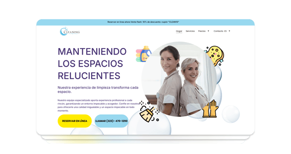 Sitio web de limpieza moderno con diseño optimizado, elementos visuales vibrantes y programación