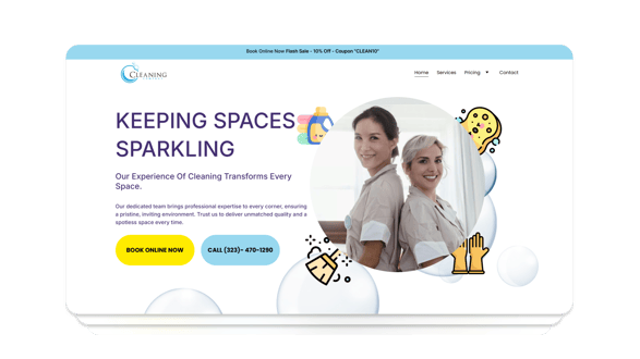 Modern cleaning website with streamlined layout, vibrant visuals, and scheduling.