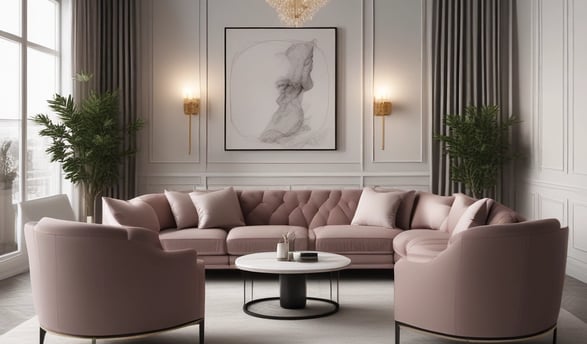 A spacious, well-lit showroom filled with a variety of modern and classic furniture pieces. There are several sofas, armchairs, coffee tables, and dining tables arranged in a cozy and inviting manner. The decor includes vases, cushions, and artistic pieces, and the color scheme is neutral with pops of color from accessories. Large windows in the background provide ample natural light.