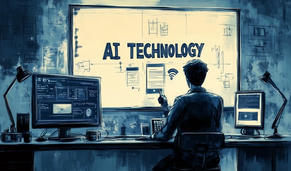 a man sitting at a desk with a laptop and a computer