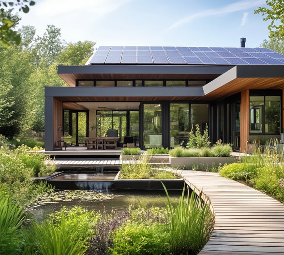 Beautiful Modern Home with Solar Power w/ wood walk to pond