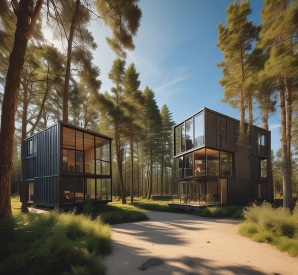 Render de 2 casas con contenedores, ecosustentables. Proyecto Moods Community en Valladolid, Yucatán