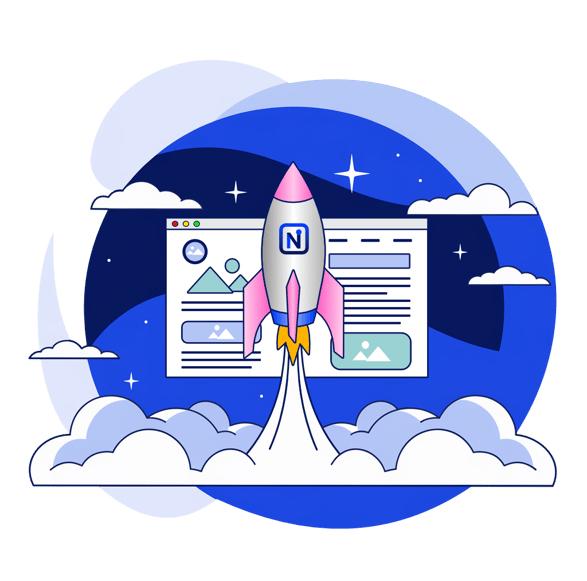 Illustration fusée avec logo NetVantage et modèle de page web