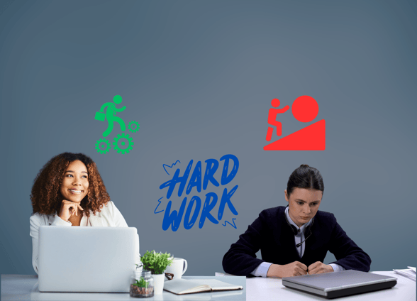 Two women sitting at a desk, one woman is fulfilled the other woman is miserable with her job