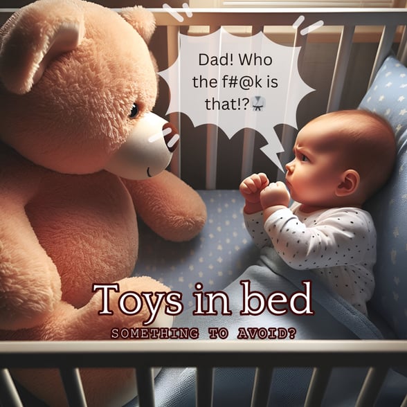 Baby and a teddy bear looking at each other before a big fight