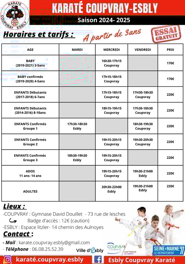 tableau des horaires et des tarifs des cours de karaté.