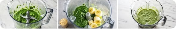 Blending process of a green protein shake with spinach, banana, and protein powder.
