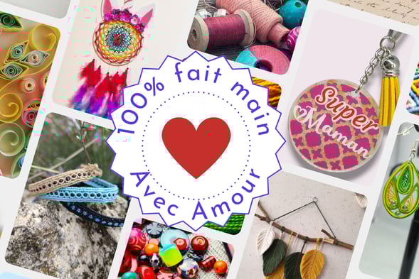 composition de photos qui représentant des créations artisanales. Au centre un écusson "fait main avec amour"