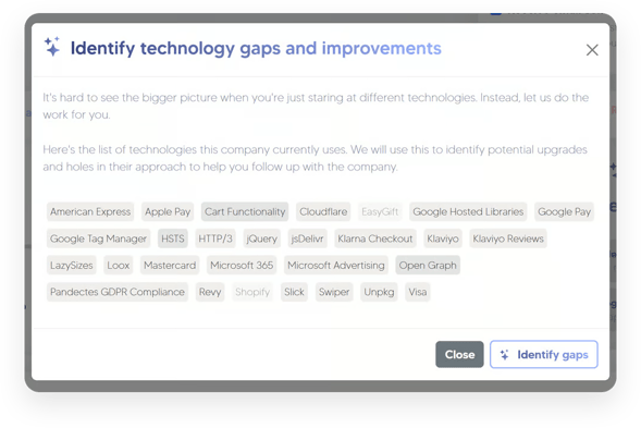 StackRadar interface showing AI-generated technology gap and improvement suggestions with a list of