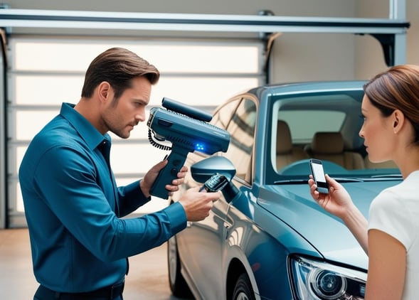 Man with GPS Tracking Device detector looking at a person's vehicle.