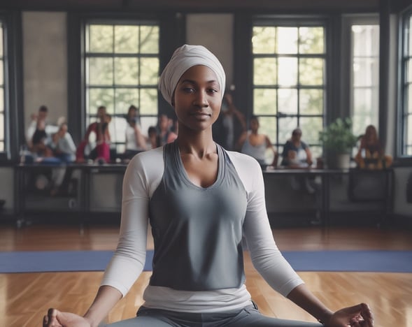 a woman sitting on a yoga mat with her hands up