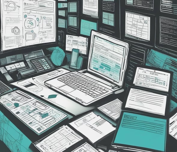 An abstract, pastel-colored, 3D-rendered representation of data analysis and search engine optimization (SEO). The image features a computer interface with various analytics symbols, including a magnifying glass, bar charts, pie charts, and a search bar with the text 'SEO'. Surrounding the interface are different objects such as a potted plant, a cup with a saucer, and a megaphone, all placed on a light green background.