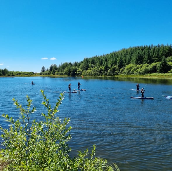 Paddle board lesson on Llyn Pendam with sunny skies