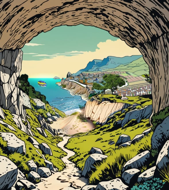 Paysage imaginaire, décor de la conteuse Jo Daltea. Un chemin va jusqu'à une crique, un village