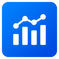 a blue and white icon of a bar chart showing a bar chart of a bar