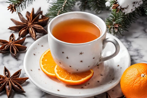 Tasse de thé avec tranche d'orange et anis étoilé