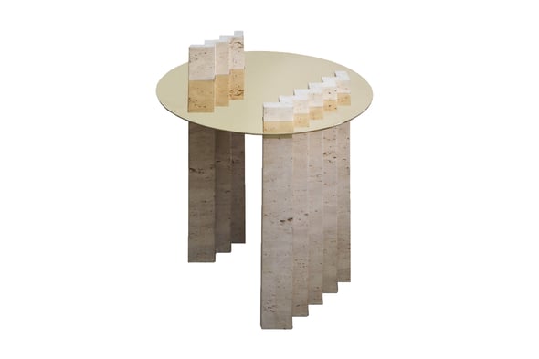 Coffee table in travertine and polished brass