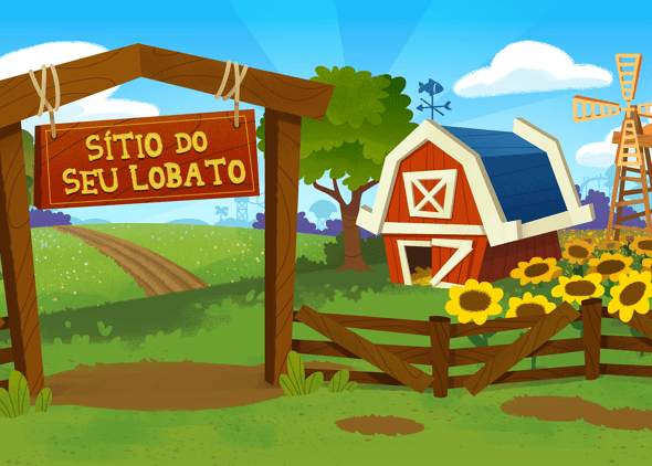 an illustration of a farm scene with a barn and sunflowers