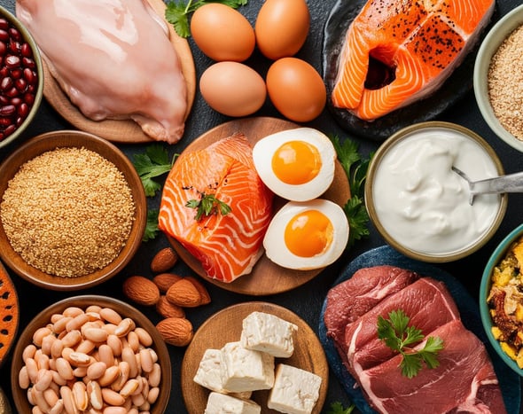 A photos showing high proteins foods like checken, salmon, eggs, red meat, almond and other foods