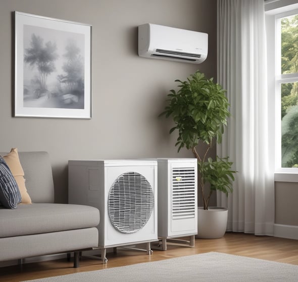 Three air conditioning units mounted on the exterior wall of a building, with a closed vent in the center. The wall is a warm, peach color and the units have a beige finish. A black cable runs vertically along the left side of the image.