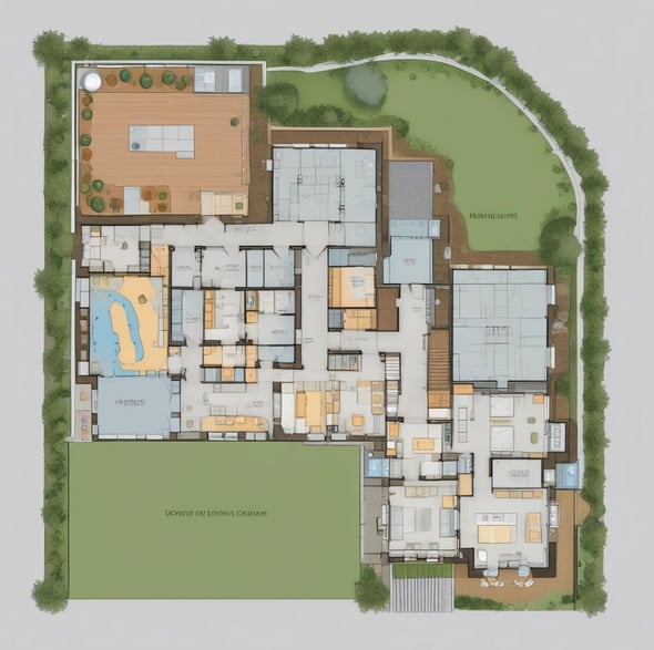 Architectural design with curved, overlapping structures set against a clear, blue sky. The building features a combination of smooth and textured surfaces, with distinct shadows cast by the sun.