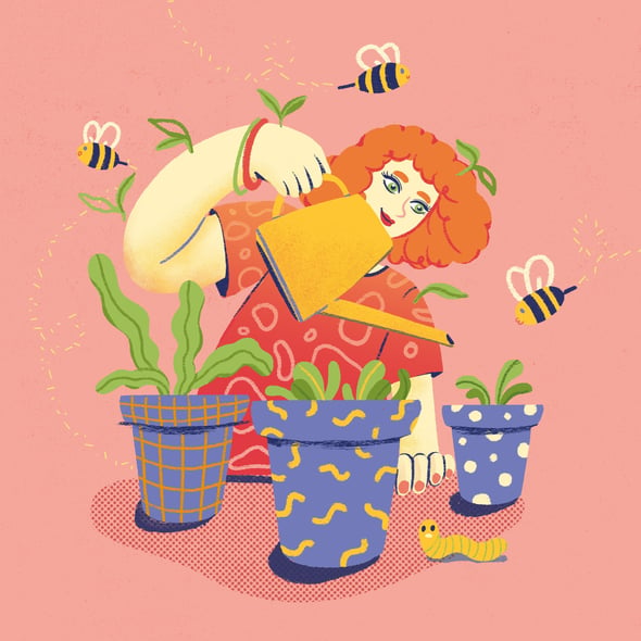 a woman is watering potted plants, surrounded by bees