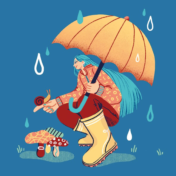 a woman in a raincoat holding an umbrella while holding a snail besides some fungi