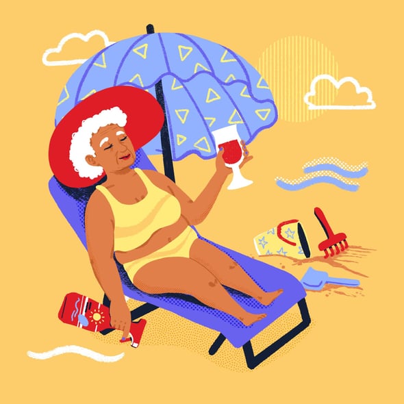 an old woman in a yellow swimsuit sitting on a beach chair on the beach, drinking a cocktail