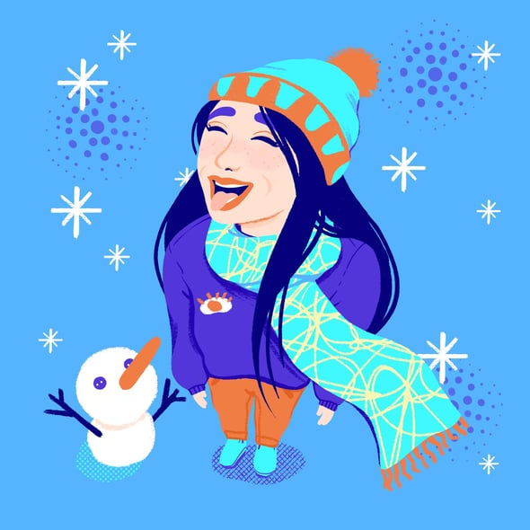 a woman in a blue sweater and a hat catching a snowflake with her mouth. a snowman besides her.