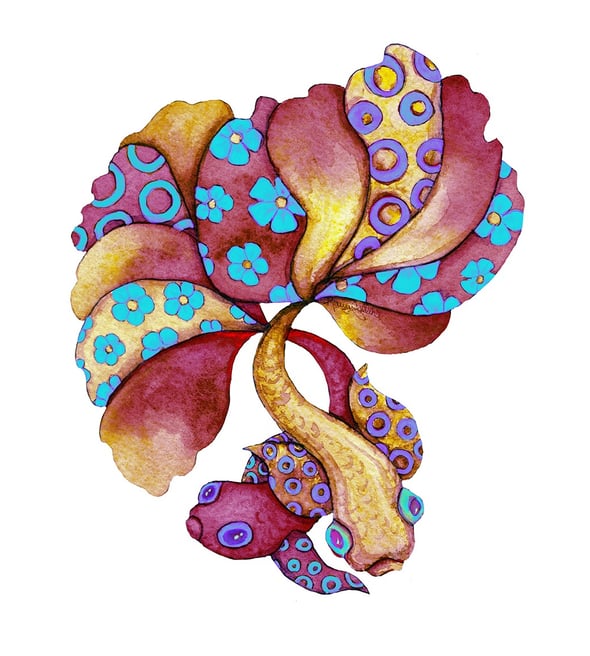 two brightly colored intertwined watercolor fish