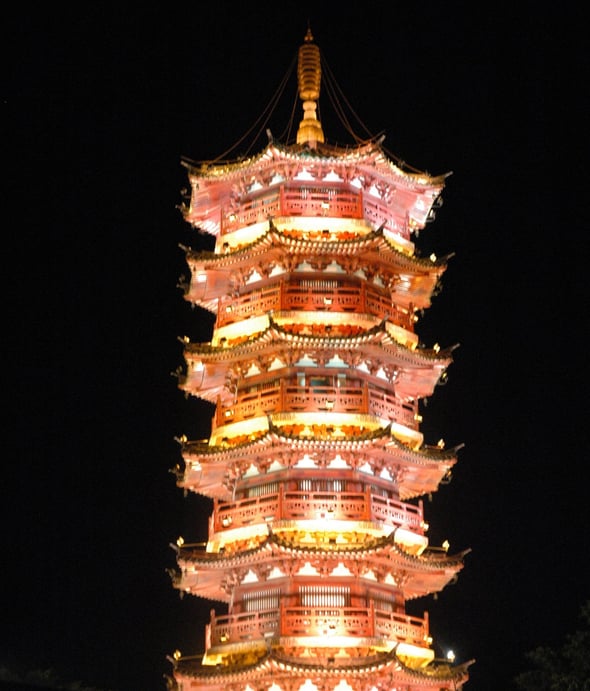 illuminated pagoda in Guilin, China