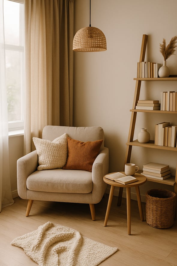 Cozy reading nook with a neutral armchair, soft textured pillows, chunky knit blanket, wooden side table, and bookshelf, bath