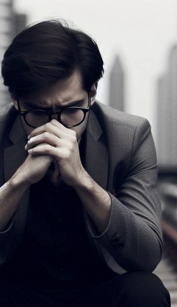 Man with hands crossed in front of his face