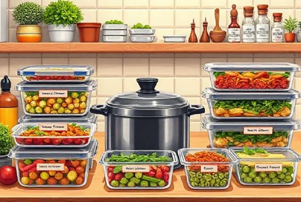 An organized kitchen counter with stacked meal prep containers filled with vegetables, a slow cooker