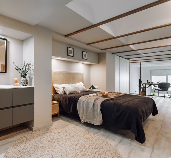 Bedroom design with natural wood furniture, rustic decor, calming tones residential interior