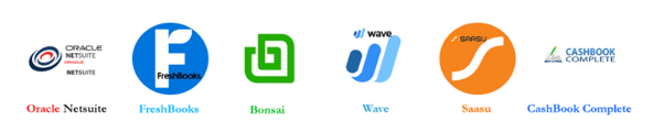Logos for Oracle Netsuite, FreshBooks, Bonsai, Wave, Saasu, and CashBook Complete