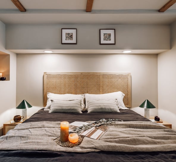 Bedroom design with natural wood furniture, rustic decor, calming tones residential interior