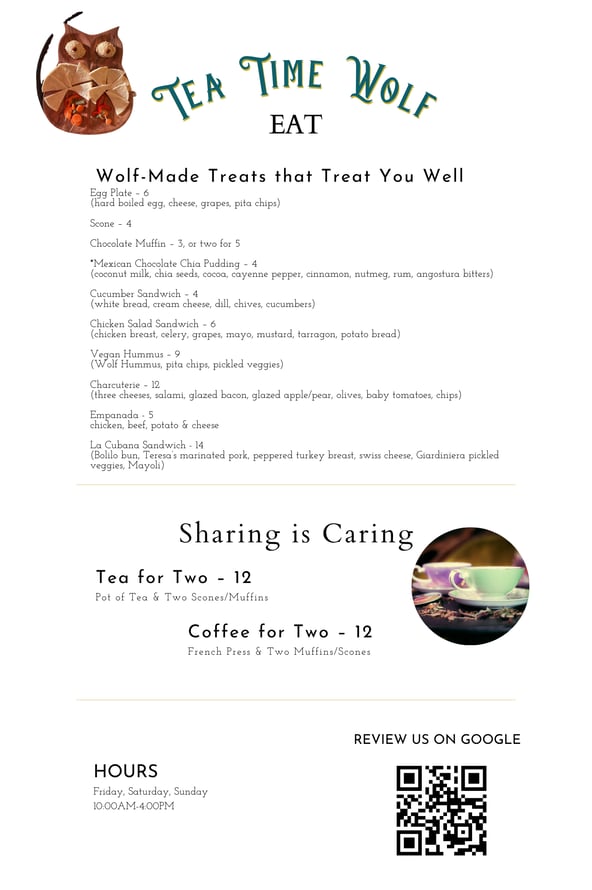 Wicked Wolf pdf tea menu with drinks like tea, coffee, and low-alcohol cocktails, and food items