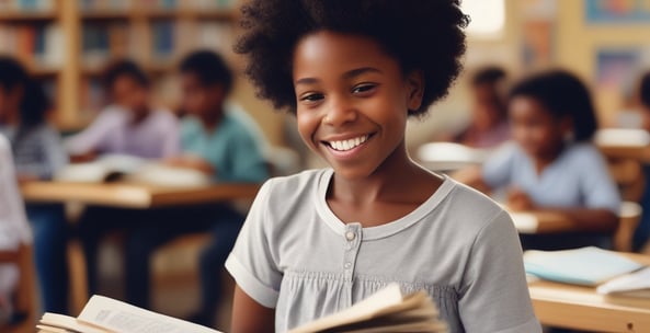 a young girl is smiling and holding a book