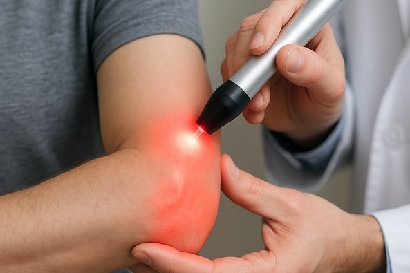 fisioterapeuta fazendo tratamento de laser no braço direito do paciente.