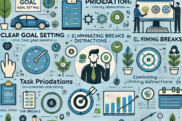 An informative infographic showcasing productivity tips and motivation strategies, including clear