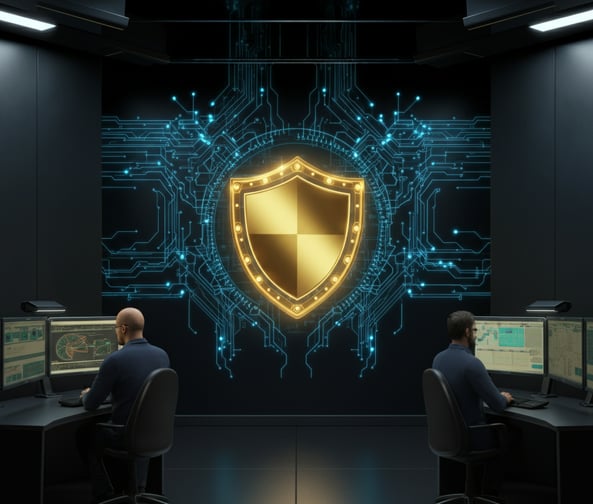 Verve Phoenix secure operations center with a glowing shield symbolizing cybersecurity.