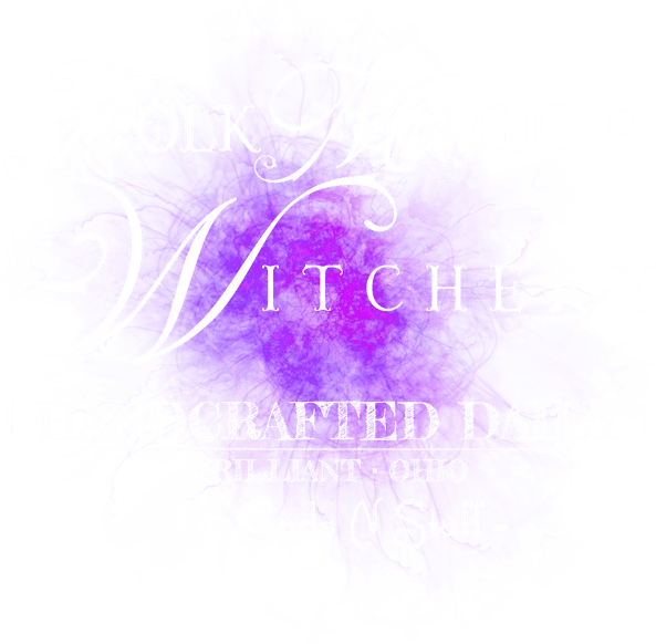 a purple and white text that says 'folk magic and witchcraft supplies handcrafted daily'