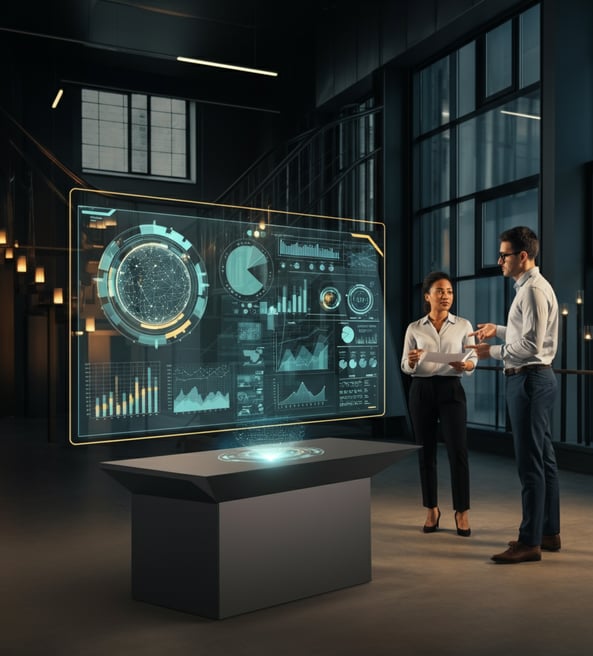 Verve Phoenix team discussing IT roadmaps with holographic displays in a modern office.